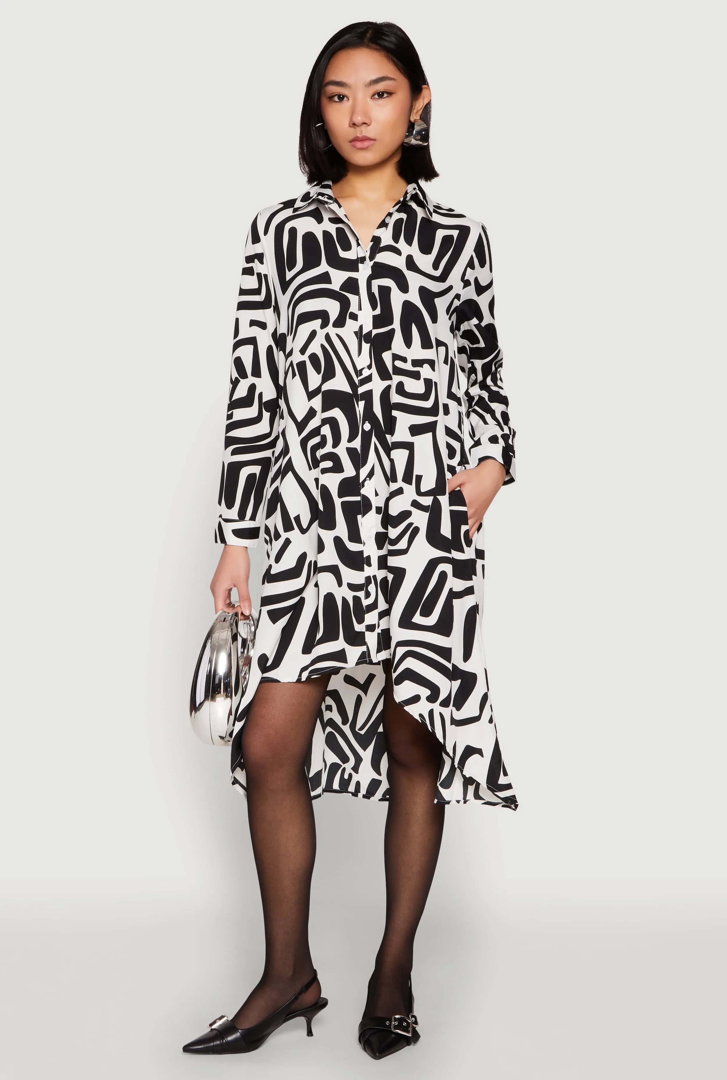 Abstract Patterned High Low Shirt Dress