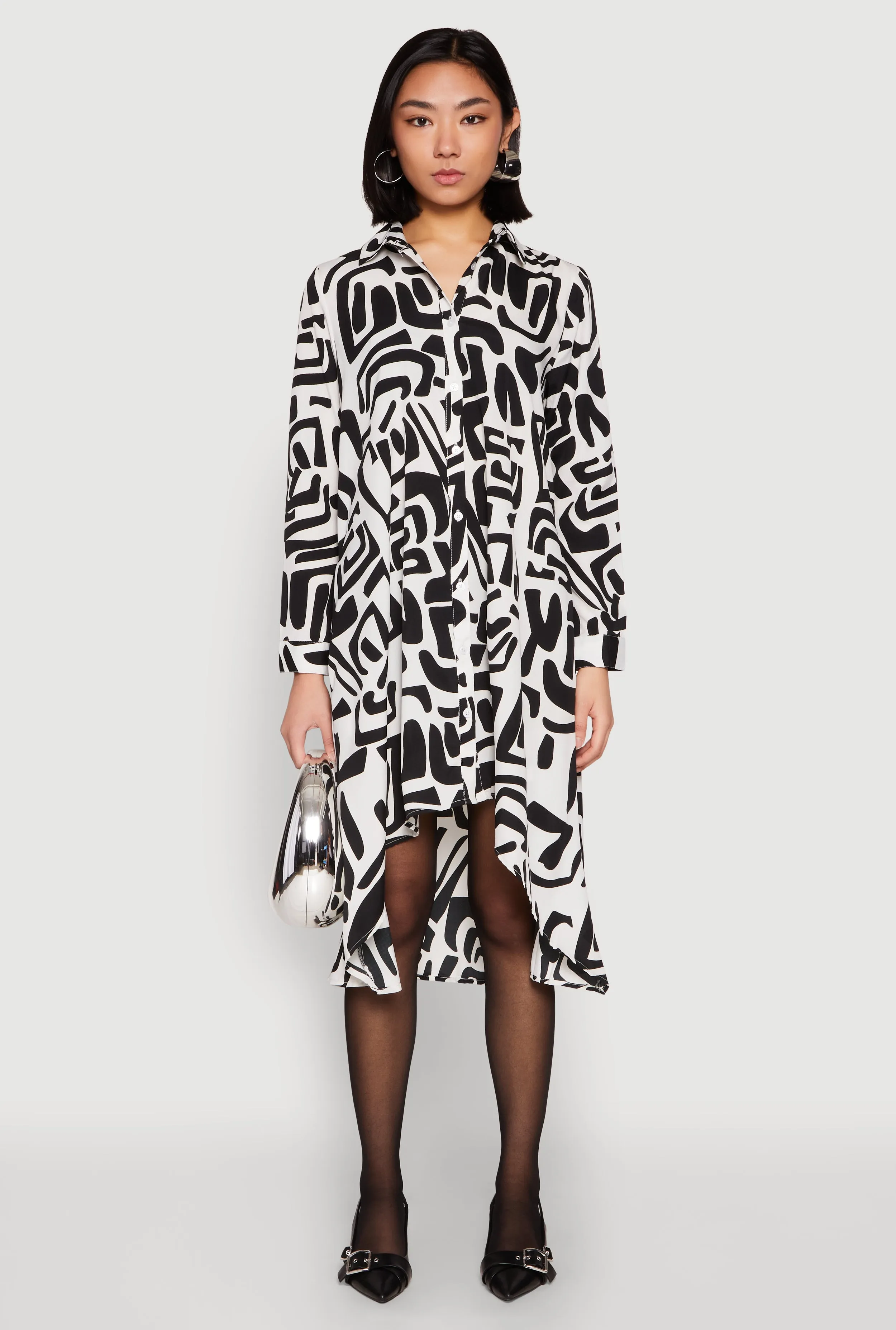 Abstract Patterned High Low Shirt Dress