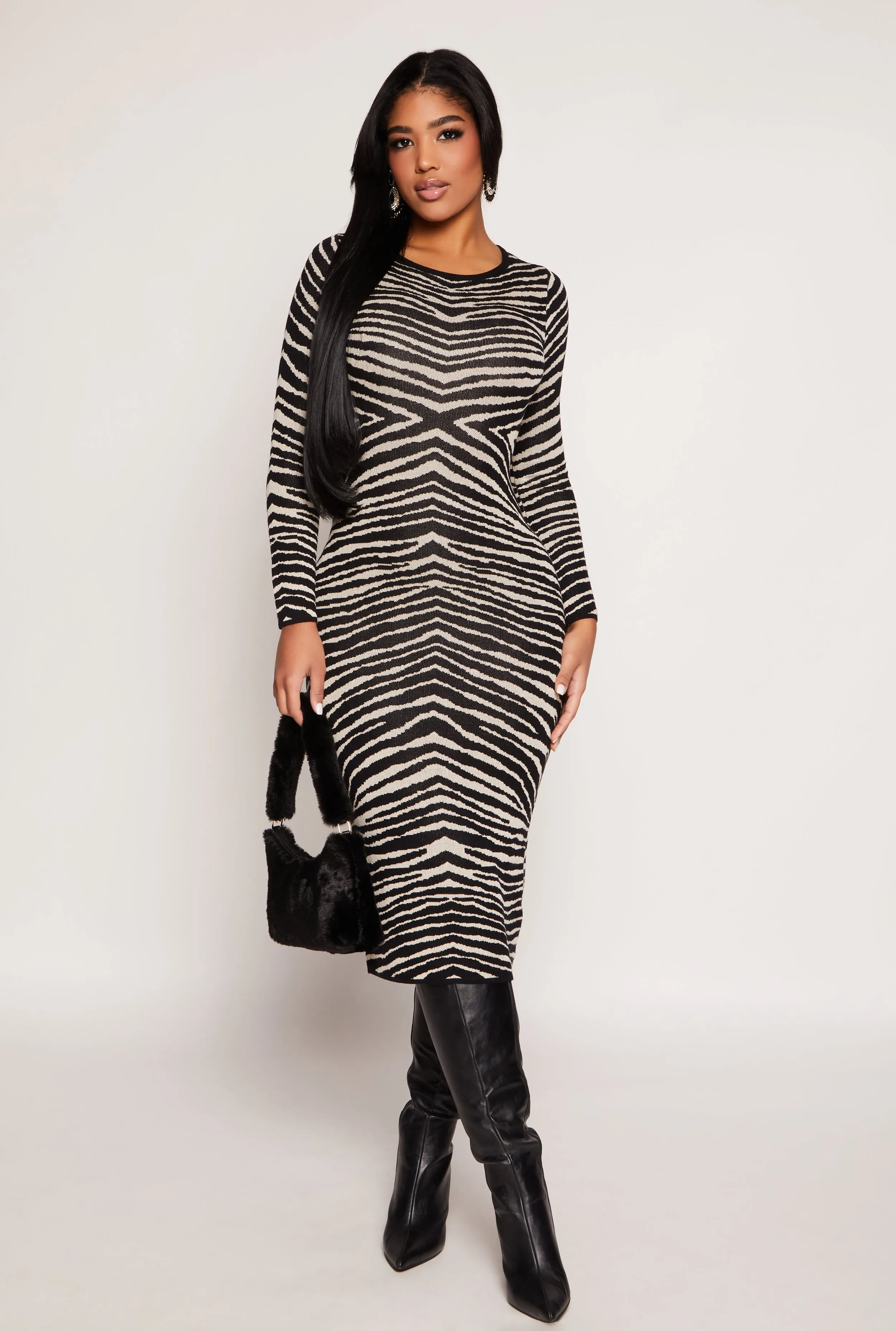 Almost Famous Zebra Lace Up Back Sweater Dress