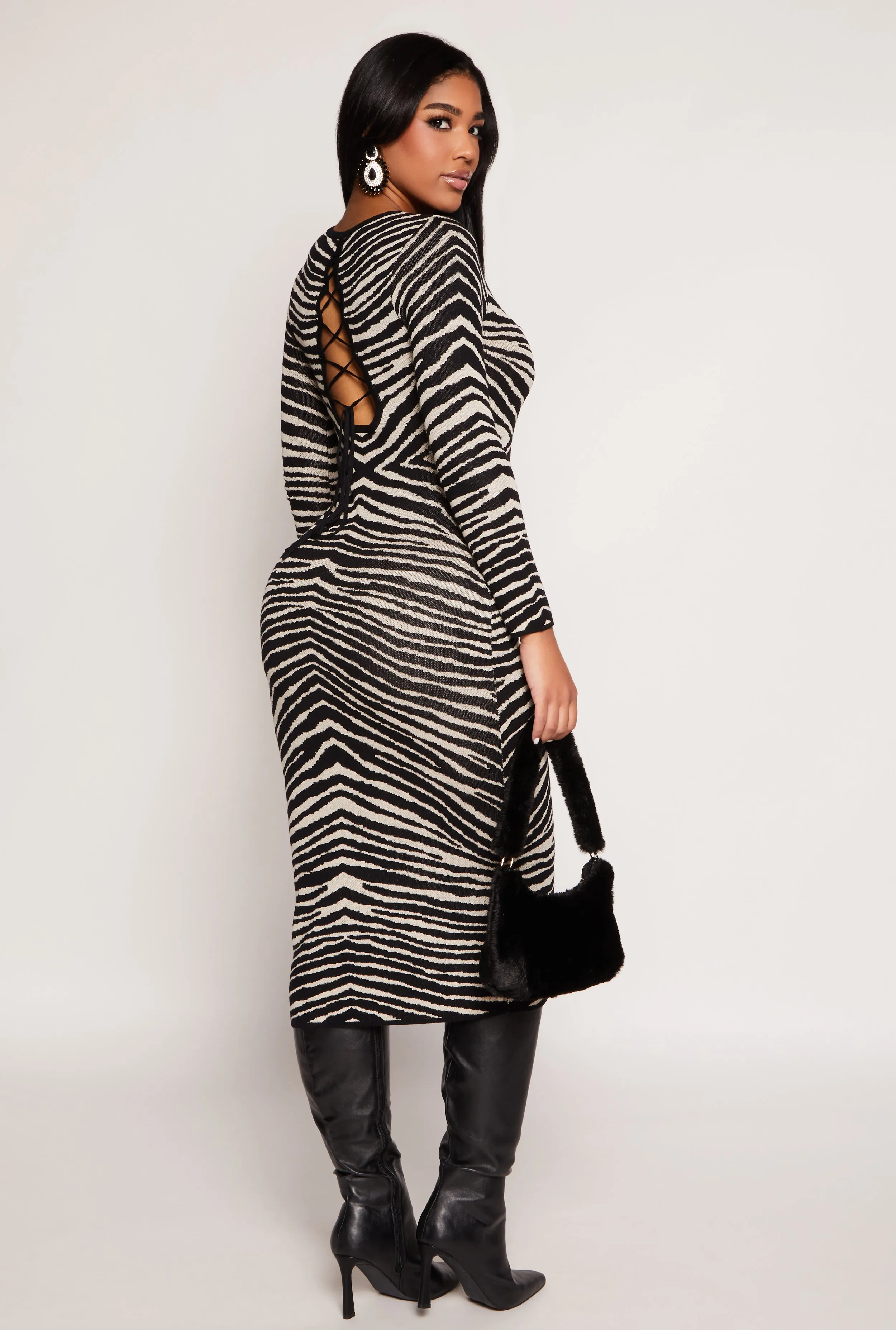 Almost Famous Zebra Lace Up Back Sweater Dress