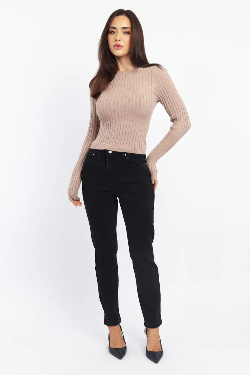 Beige Cable Knit Top Long Sleeve