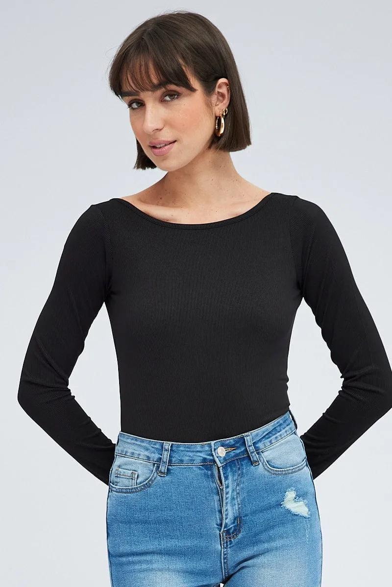 Black Bodysuit Long Sleeve Crew Neck Rib