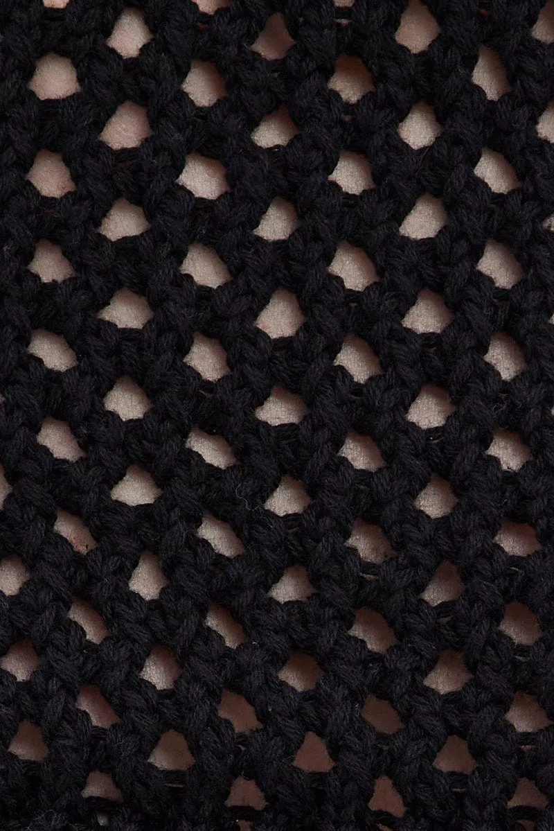 Black Knit Top Long Sleeve Openwork Cropped