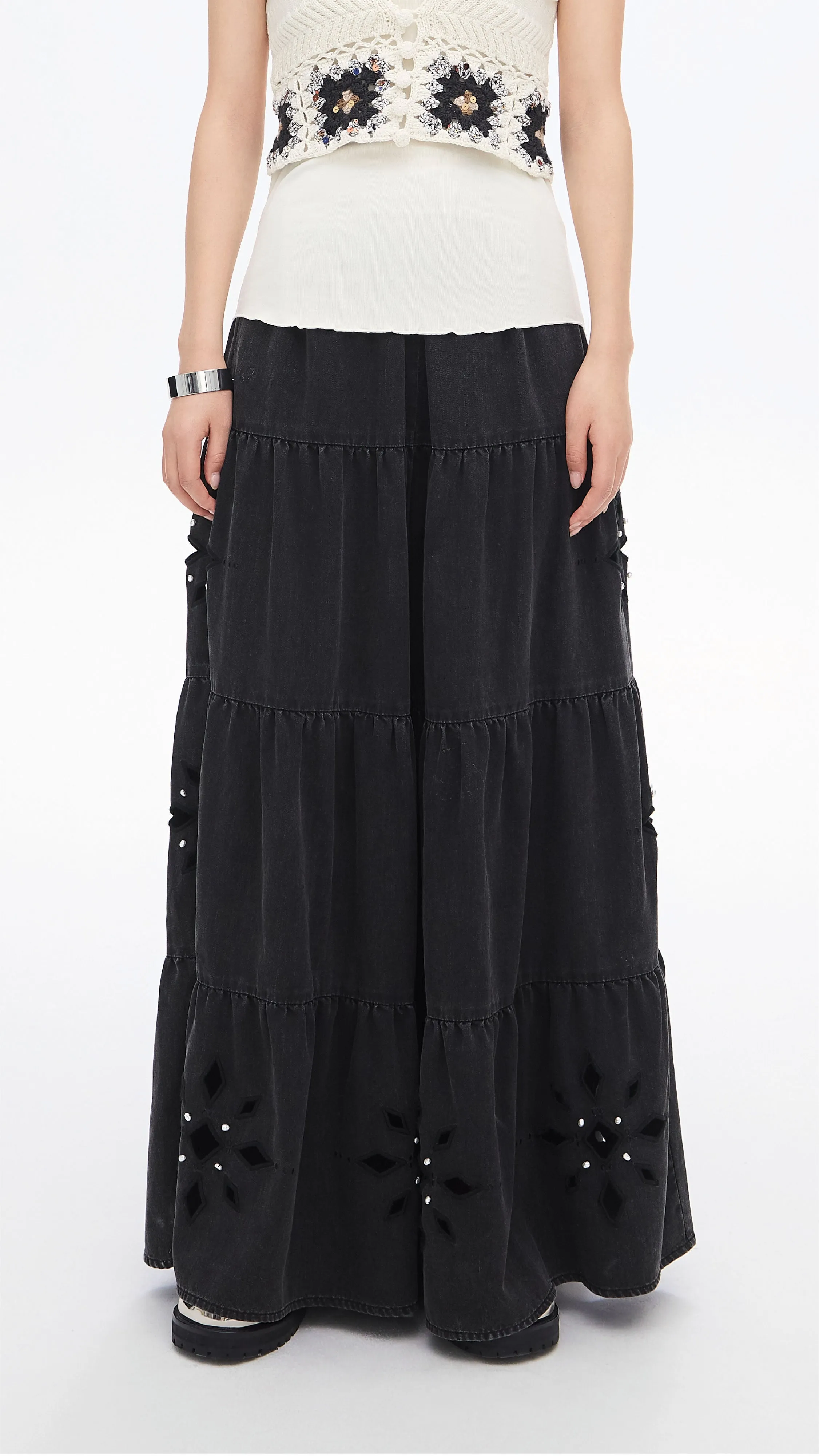 Embroidered Eyelet Tiered Jeans