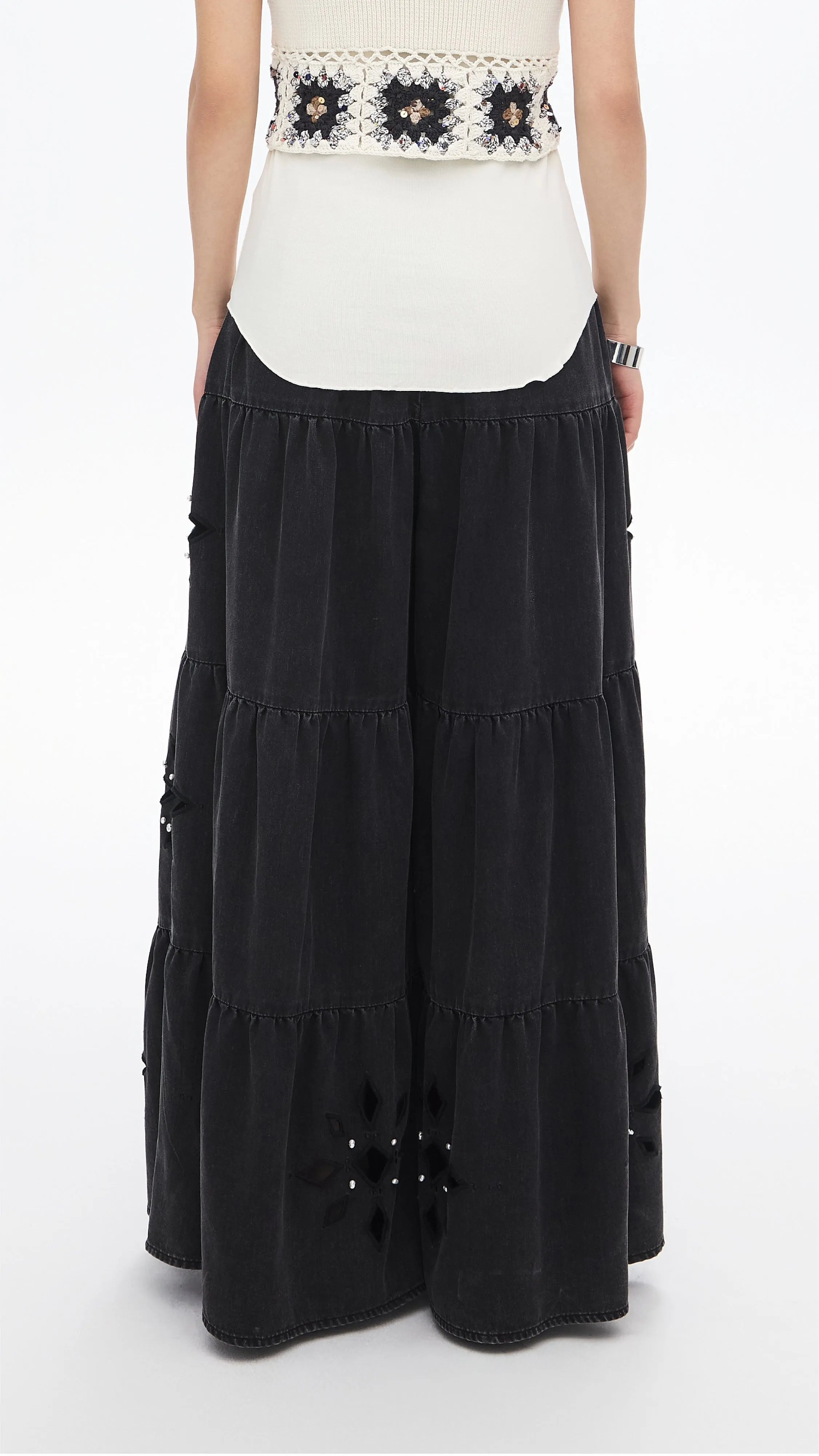 Embroidered Eyelet Tiered Jeans