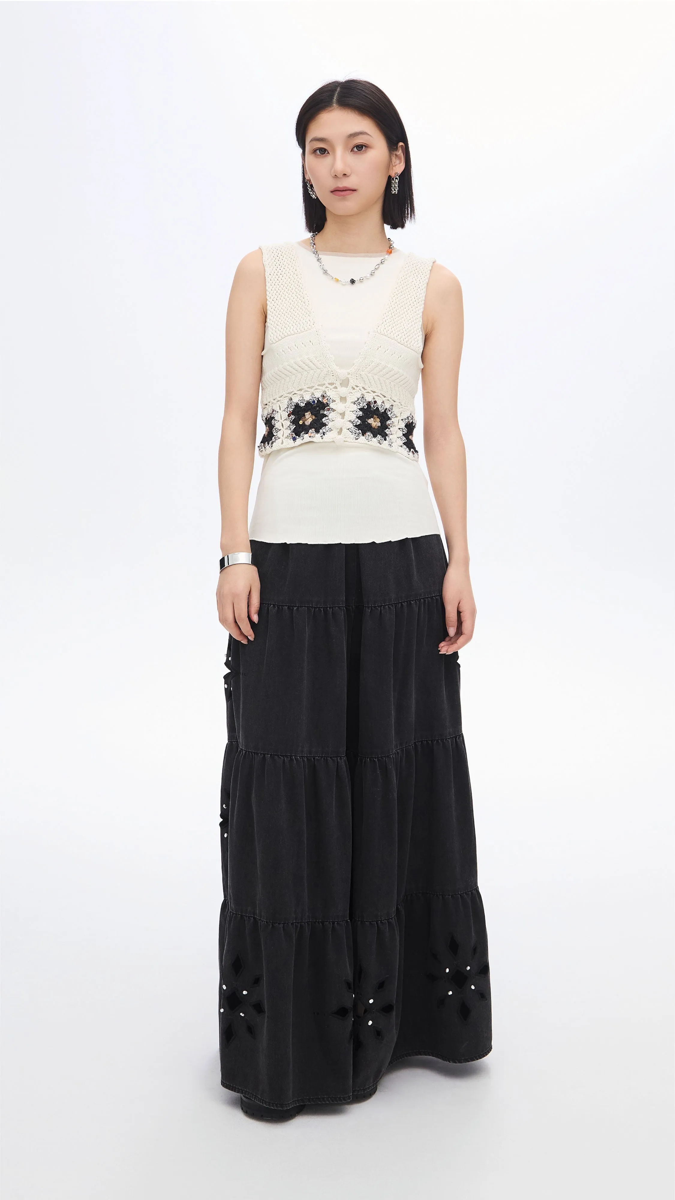 Embroidered Eyelet Tiered Jeans