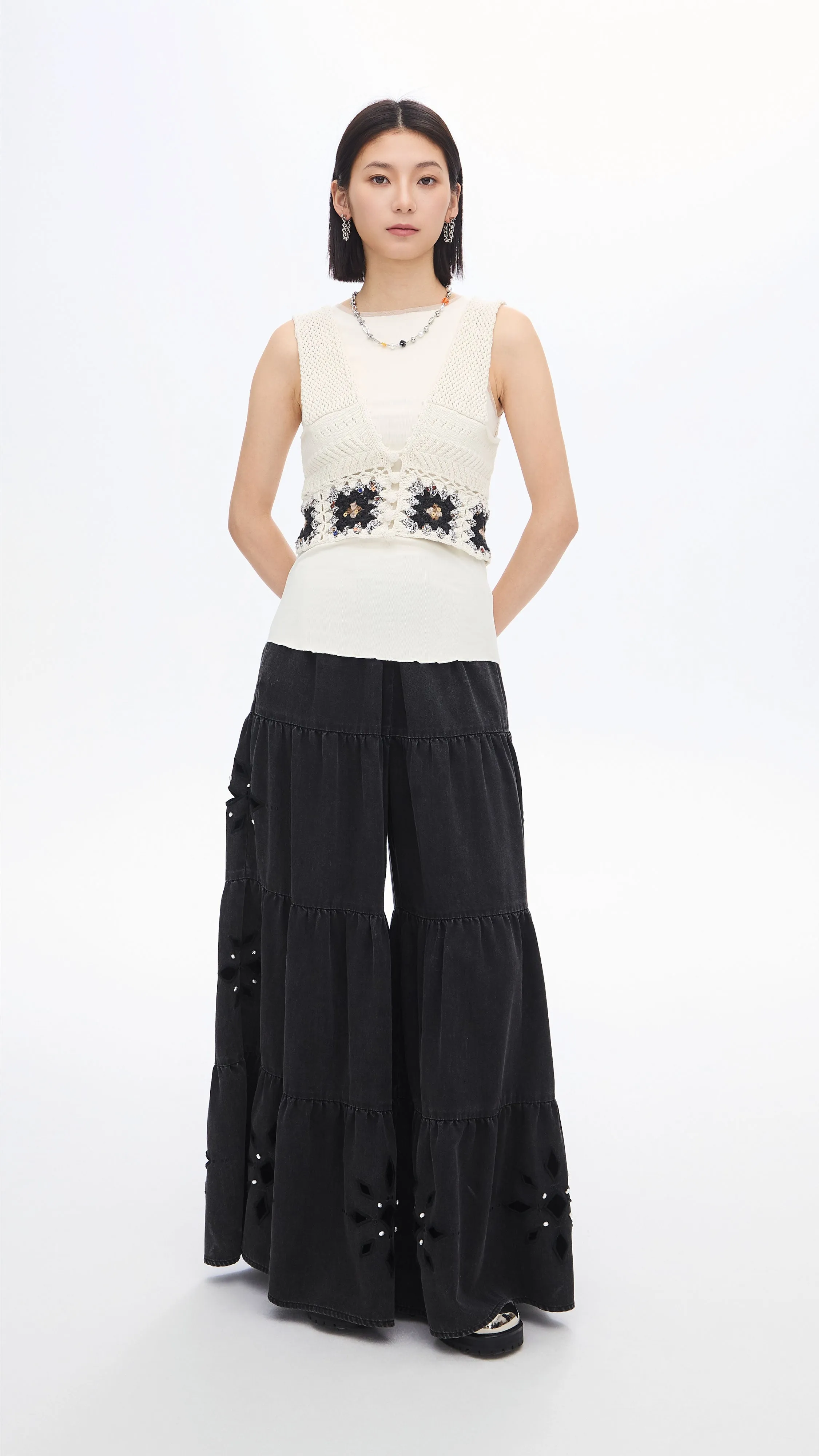 Embroidered Eyelet Tiered Jeans