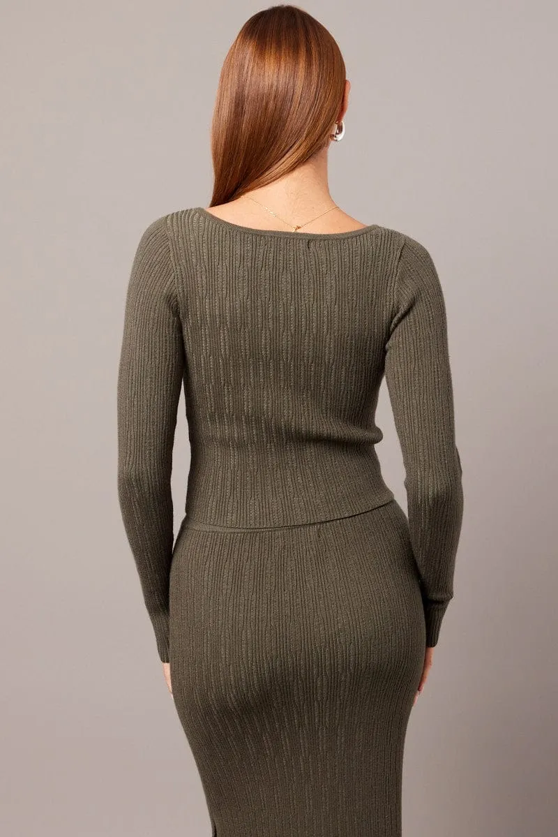 Green Knit Top Long Sleeve Boat Neck