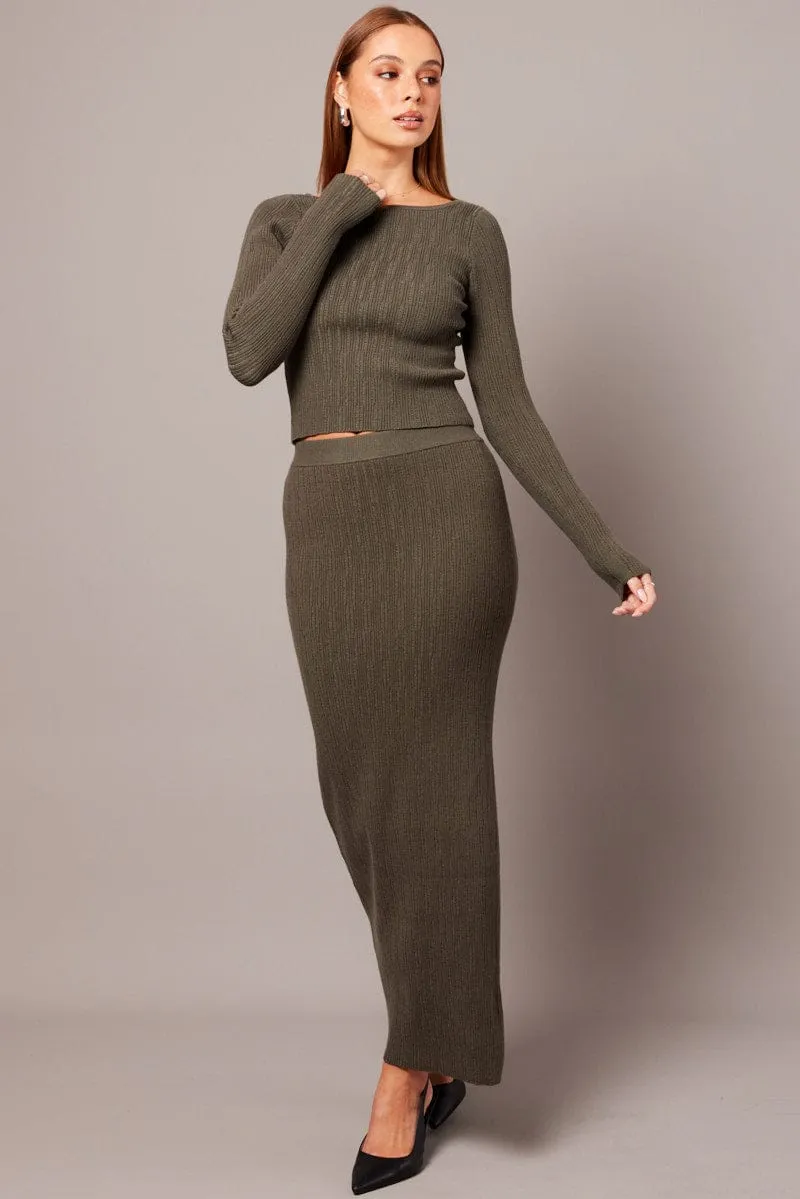 Green Knit Top Long Sleeve Boat Neck