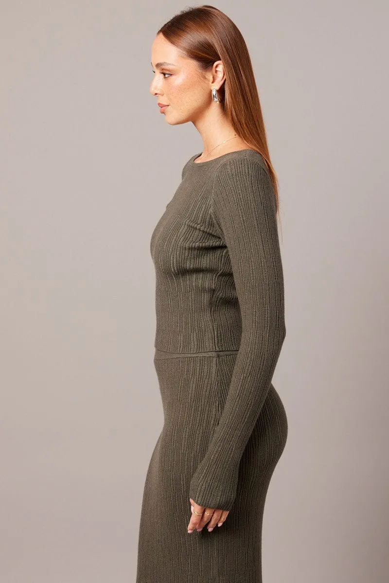 Green Knit Top Long Sleeve Boat Neck