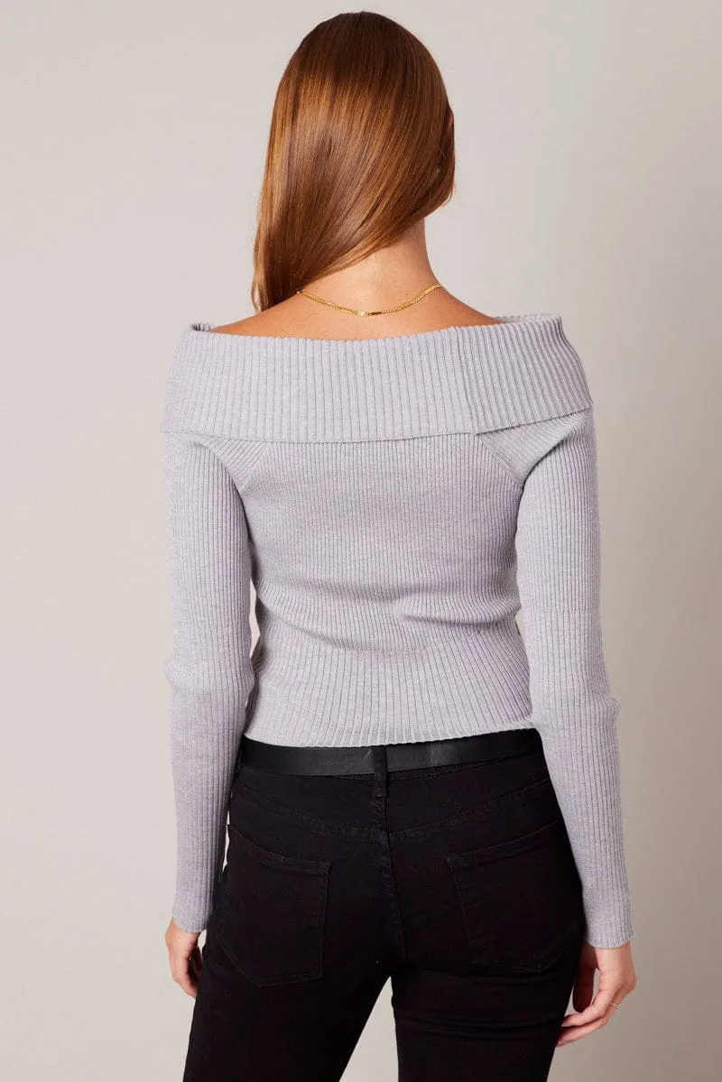 Grey Knit Top Long Sleeve Off Shoulder