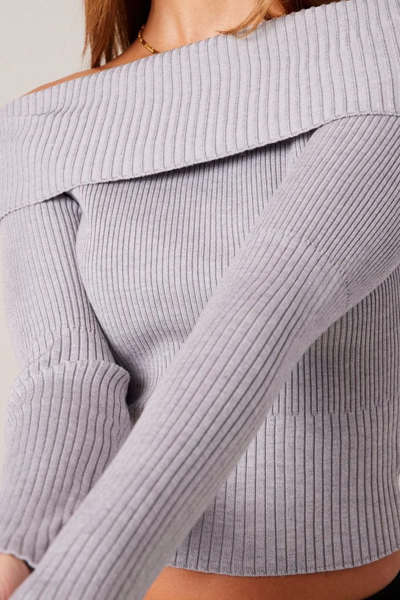 Grey Knit Top Long Sleeve Off Shoulder