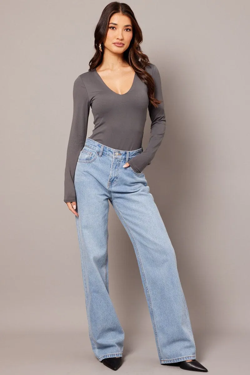 Grey Supersoft Bodysuit Long Sleeve V Neck