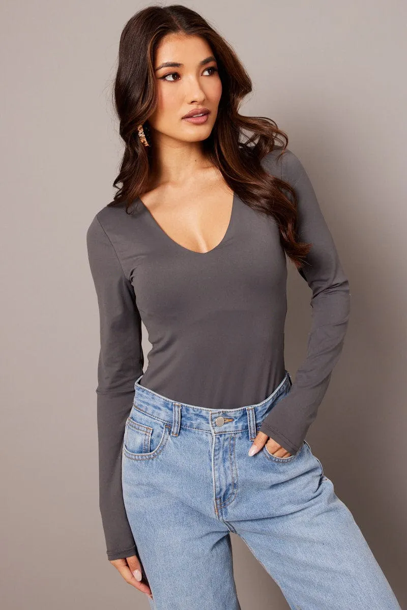 Grey Supersoft Bodysuit Long Sleeve V Neck