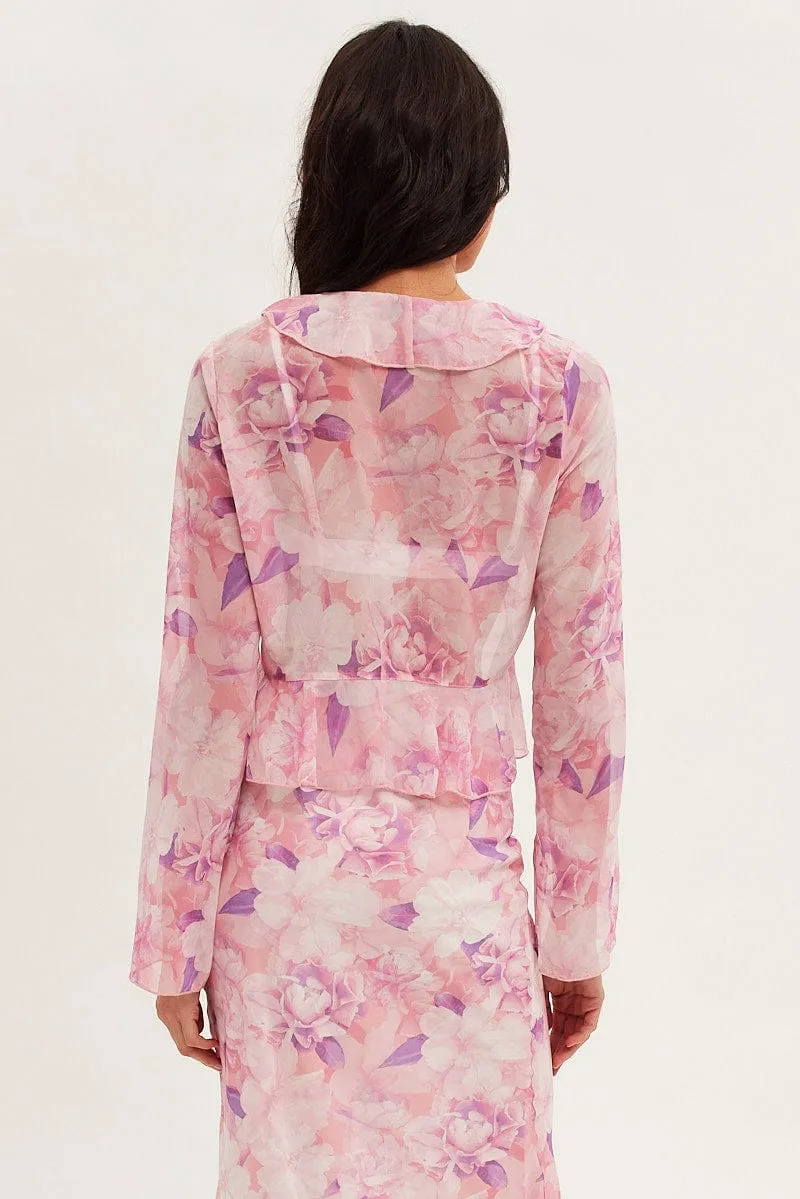 Pink Floral Bolero Flare Long Sleeve V Neck Floral Chiffon