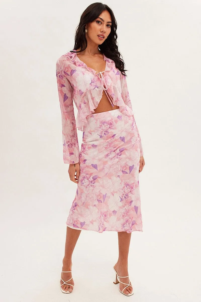 Pink Floral Bolero Flare Long Sleeve V Neck Floral Chiffon