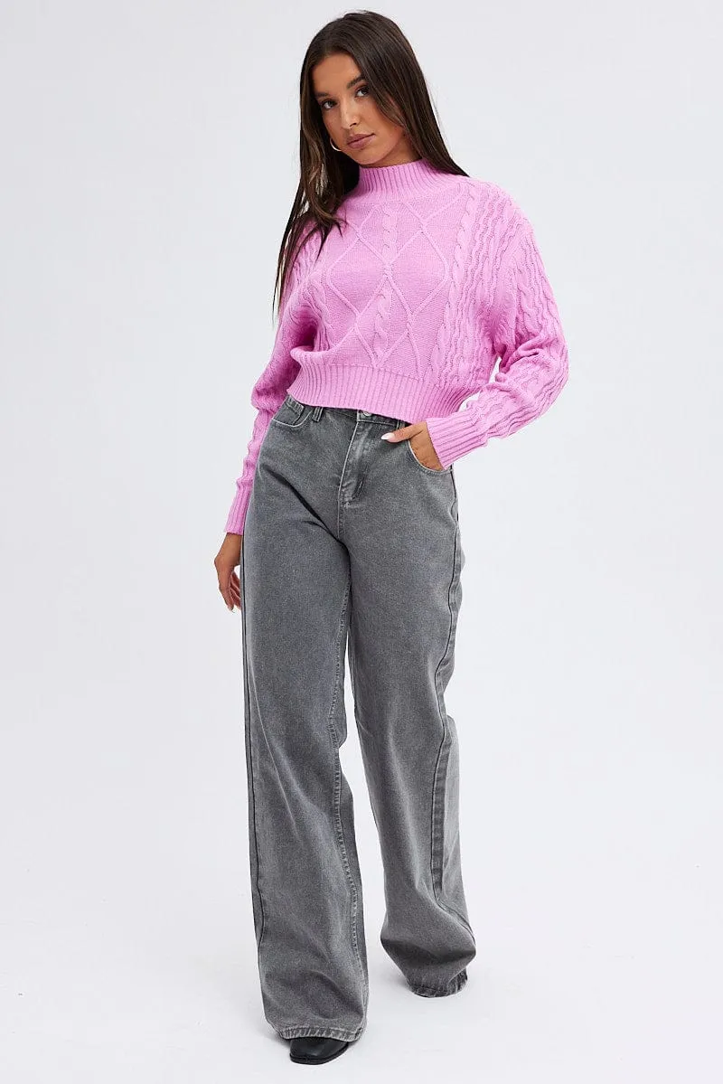 Pink Knit Jumper Long Sleeve Cabled Crop