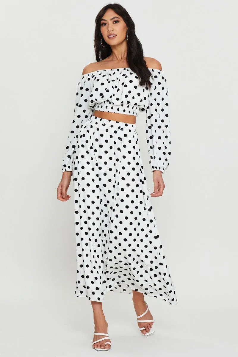 Polka Dot Crop Top Long Sleeve Off Shoulder