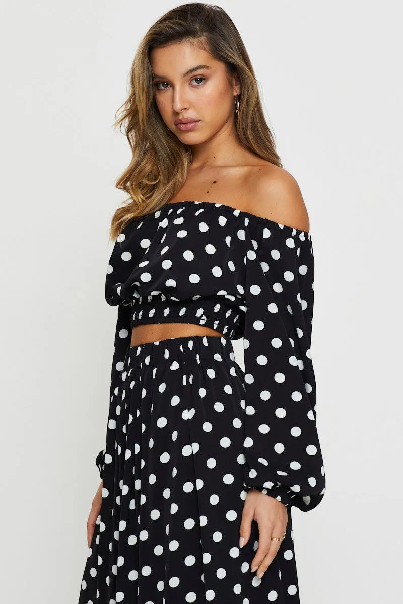 Polka Dot Crop Top Long Sleeve Off Shoulder