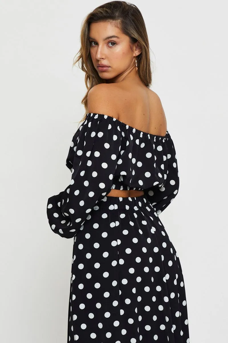 Polka Dot Crop Top Long Sleeve Off Shoulder