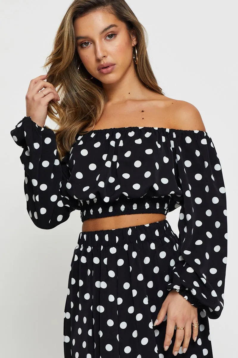 Polka Dot Crop Top Long Sleeve Off Shoulder