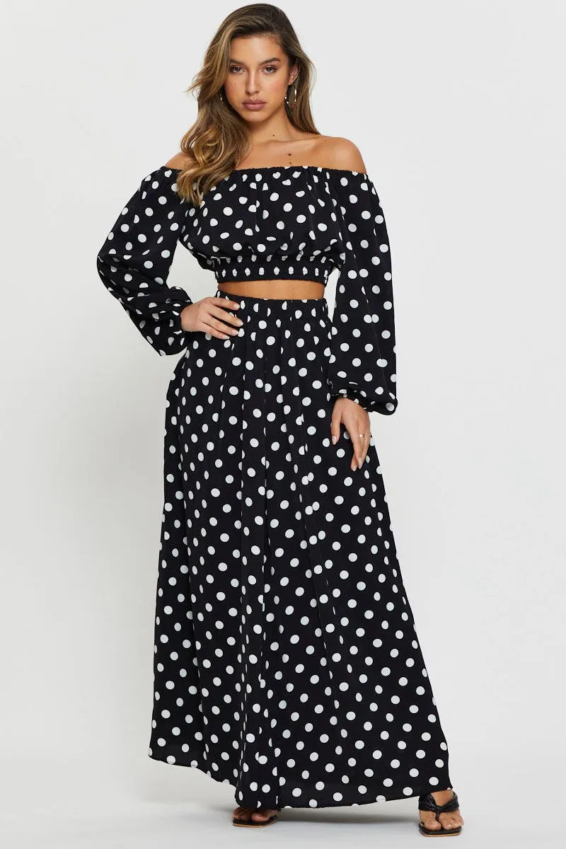 Polka Dot Crop Top Long Sleeve Off Shoulder