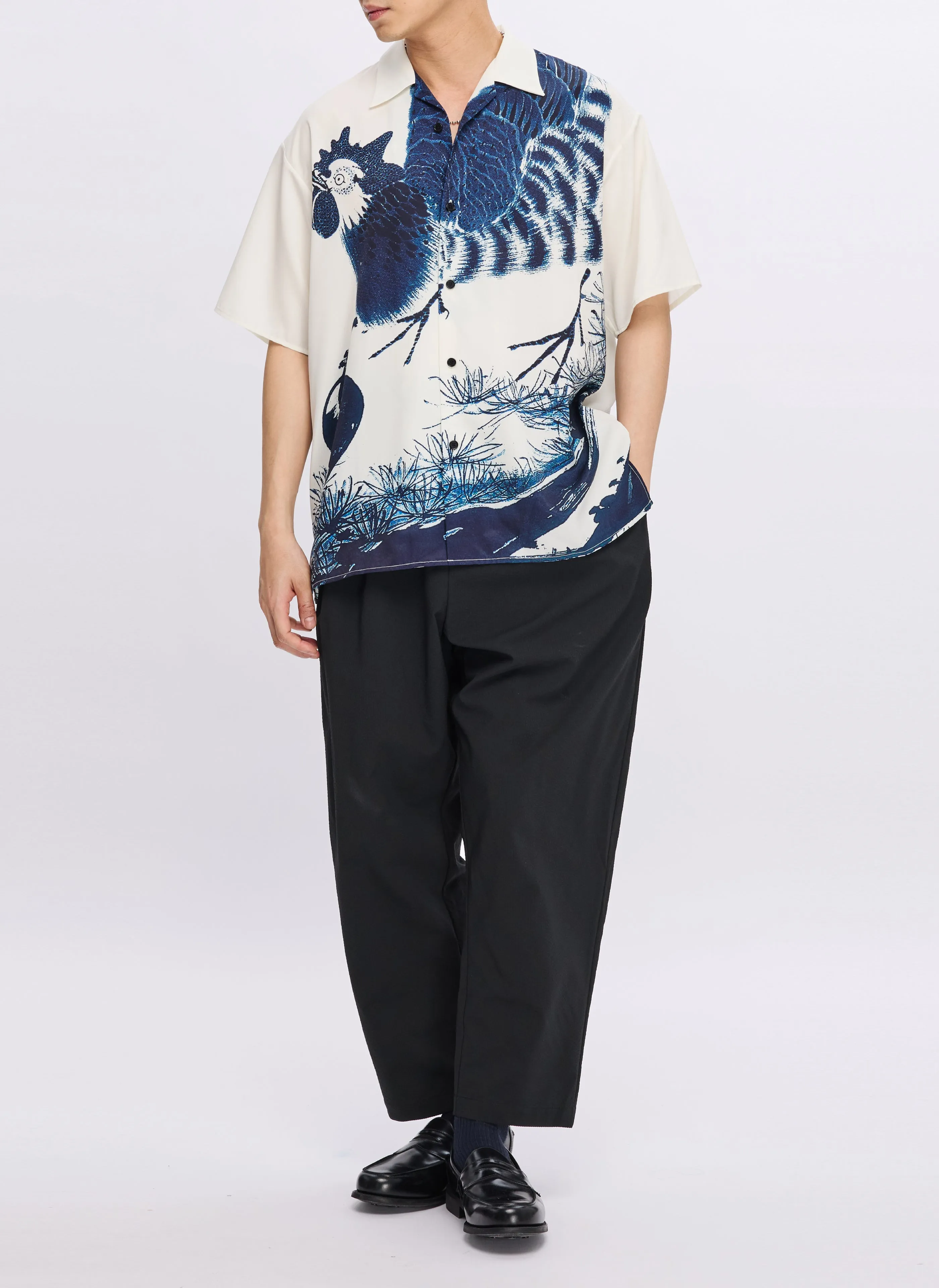 Polyester Indigo Oriental Short Sleeves Open Collar Shirt