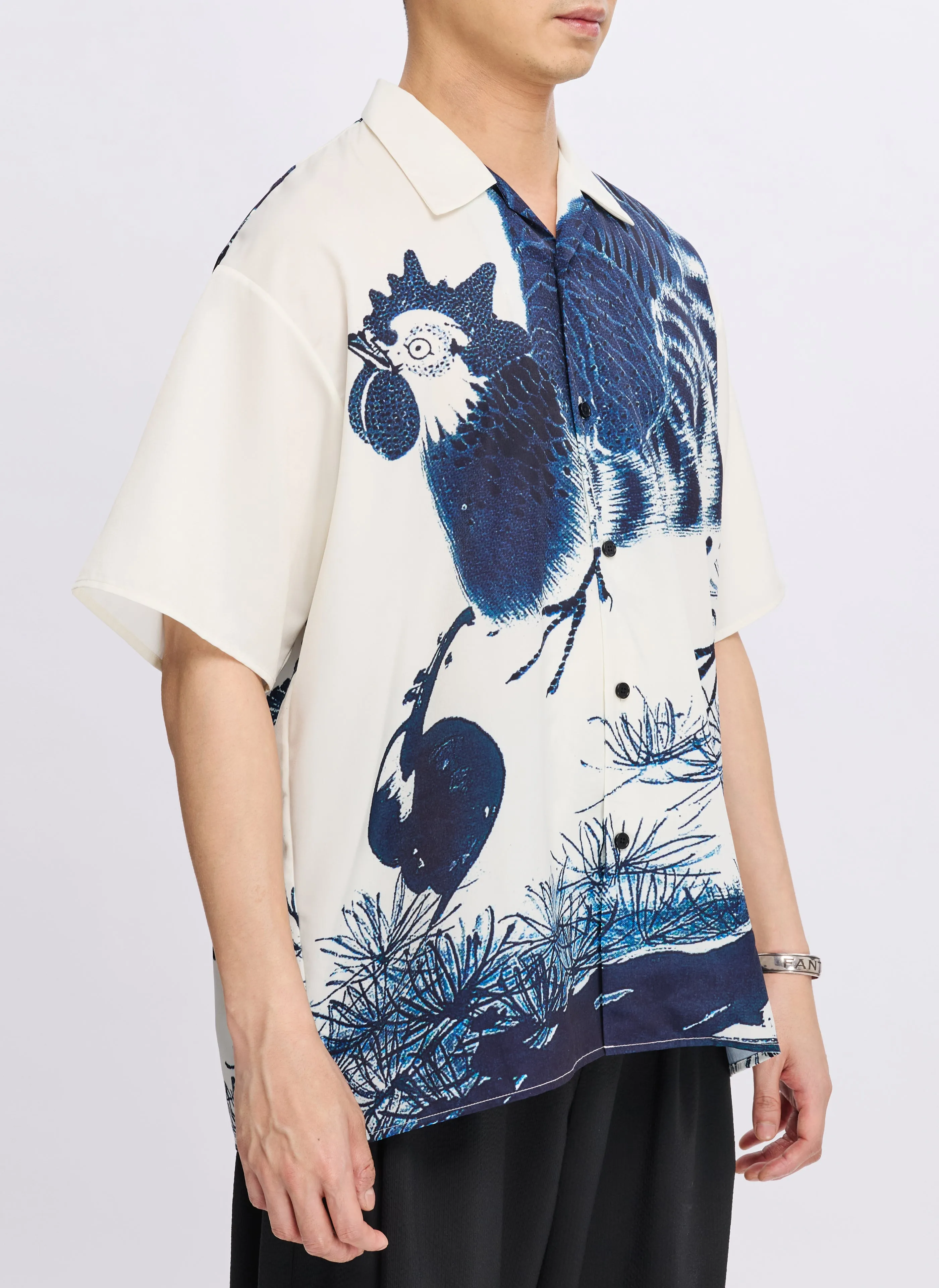 Polyester Indigo Oriental Short Sleeves Open Collar Shirt