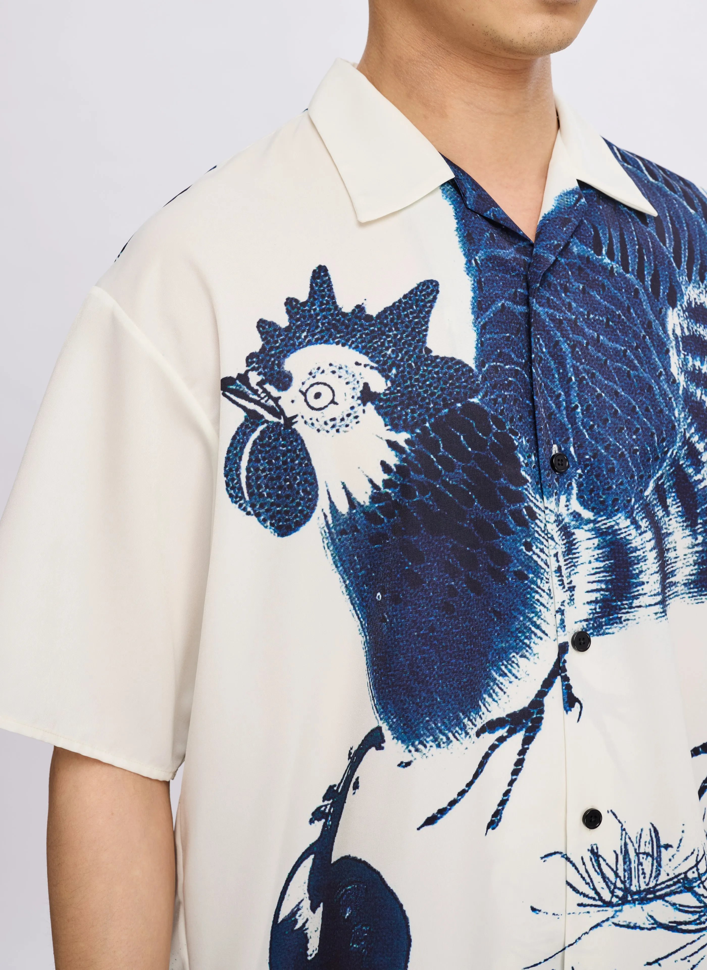 Polyester Indigo Oriental Short Sleeves Open Collar Shirt