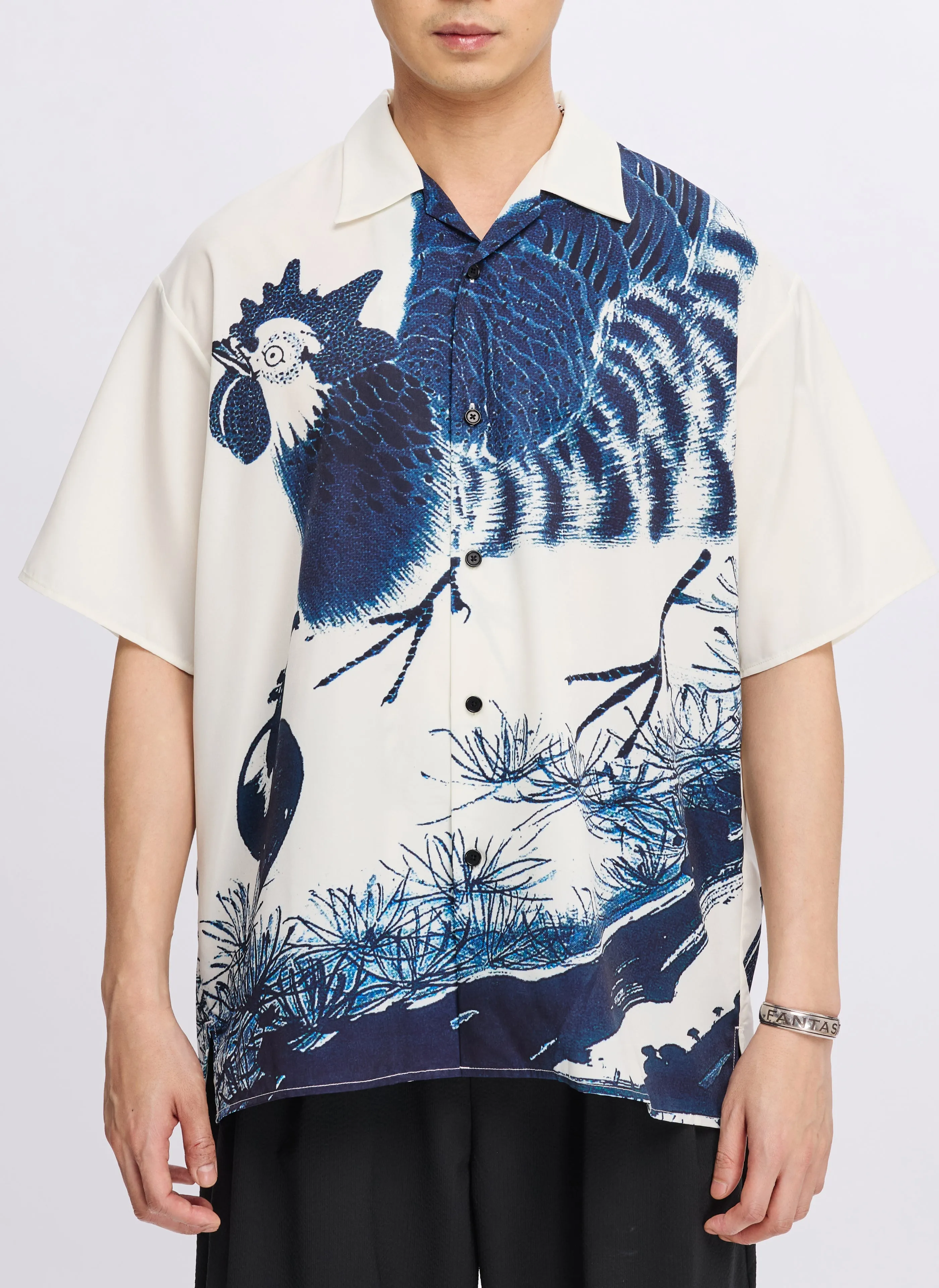 Polyester Indigo Oriental Short Sleeves Open Collar Shirt