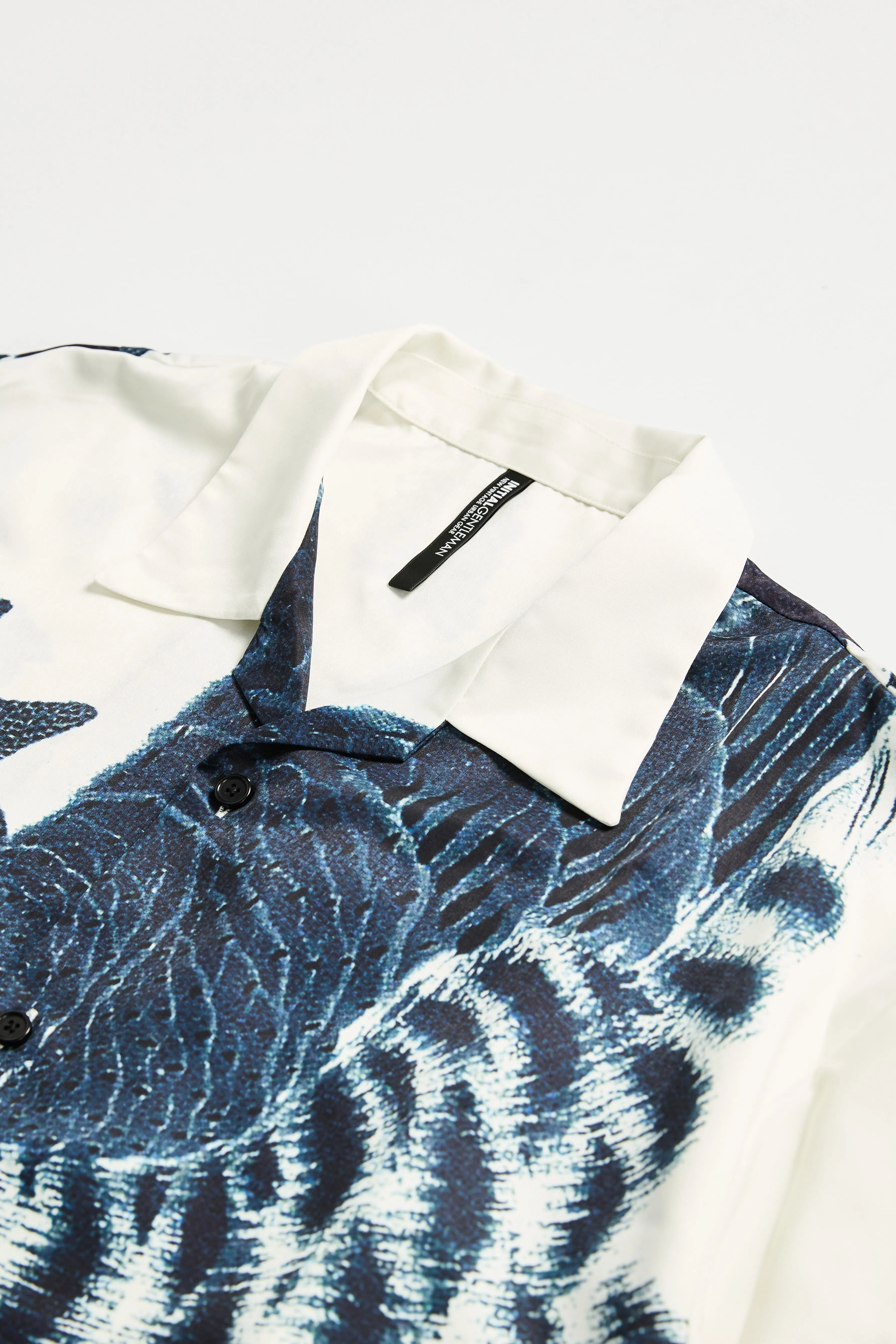 Polyester Indigo Oriental Short Sleeves Open Collar Shirt