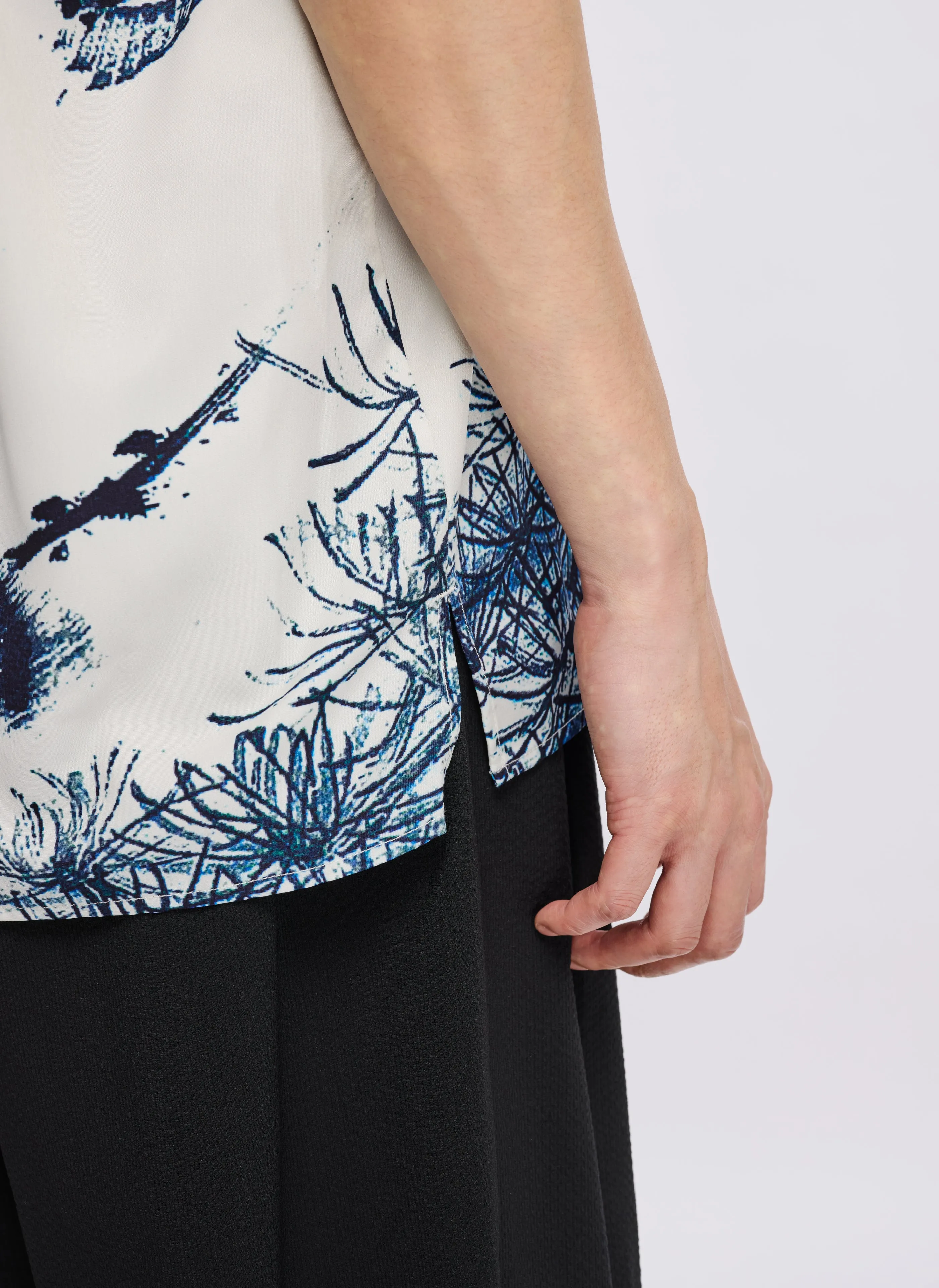 Polyester Indigo Oriental Short Sleeves Open Collar Shirt