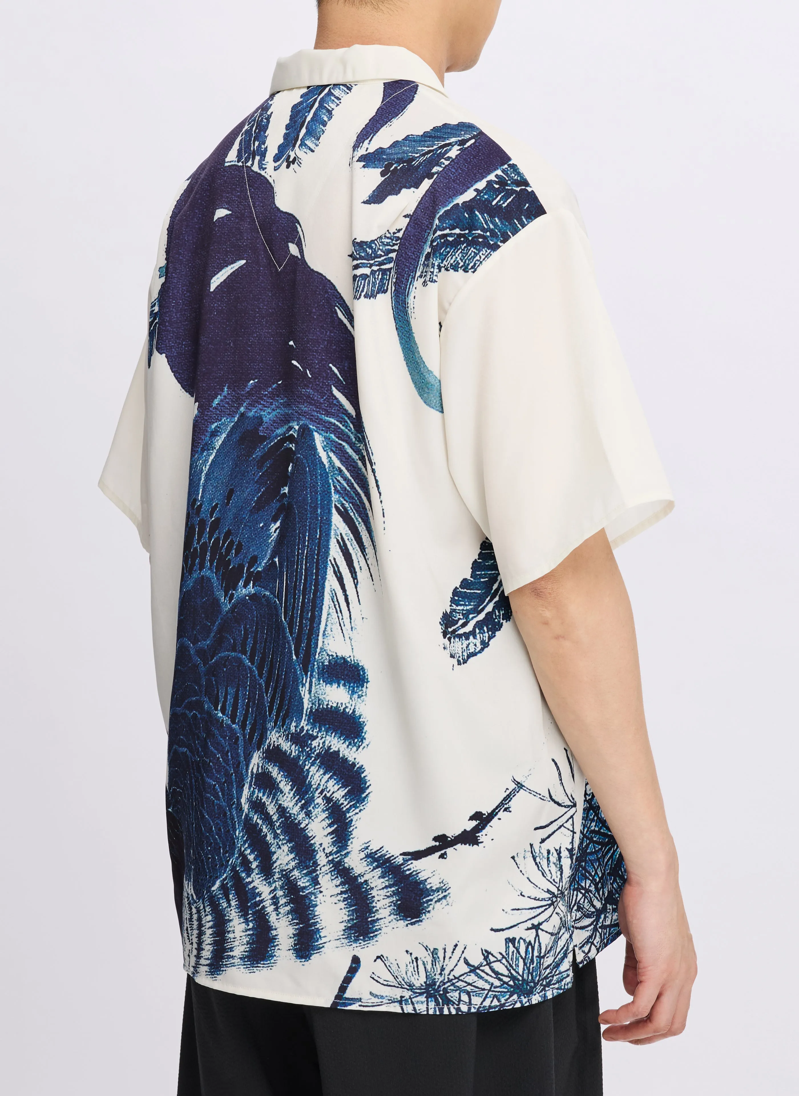 Polyester Indigo Oriental Short Sleeves Open Collar Shirt