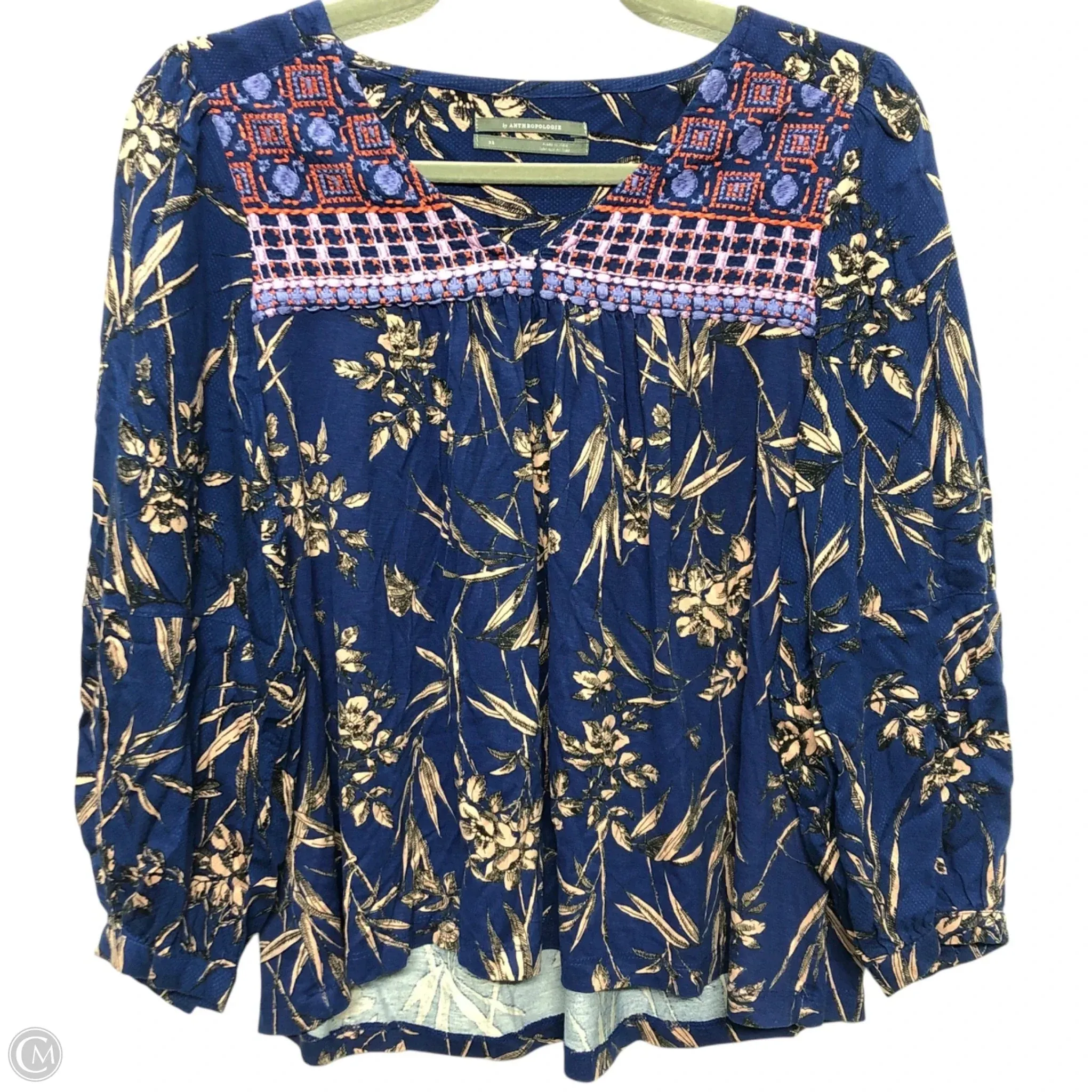 Top Long Sleeve By Anthropologie In Blue & Cream, Size: Xs