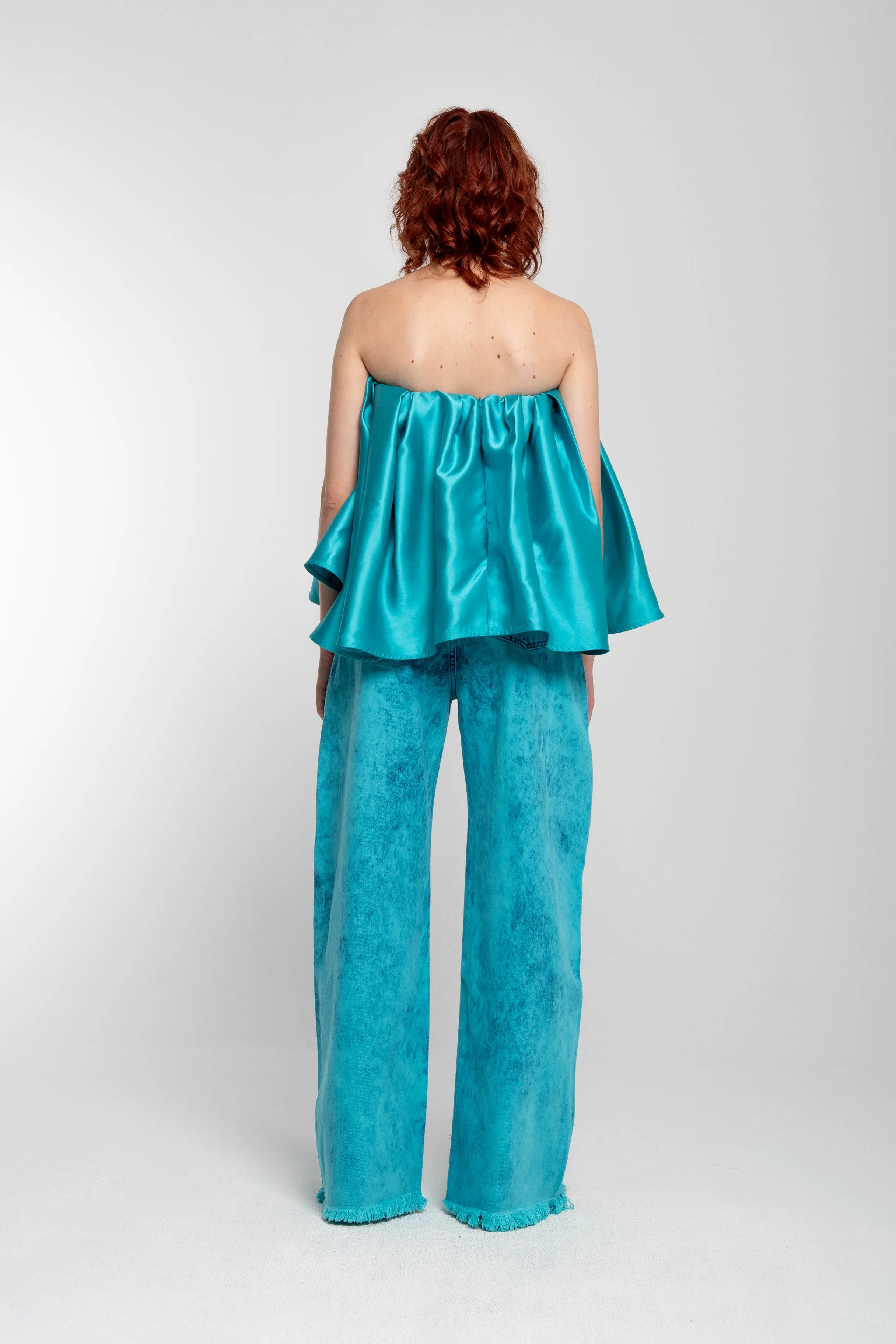 TURQUOISE PLEATED STRAPLESS TOP
