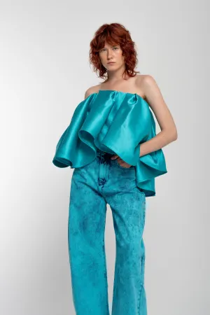 TURQUOISE PLEATED STRAPLESS TOP