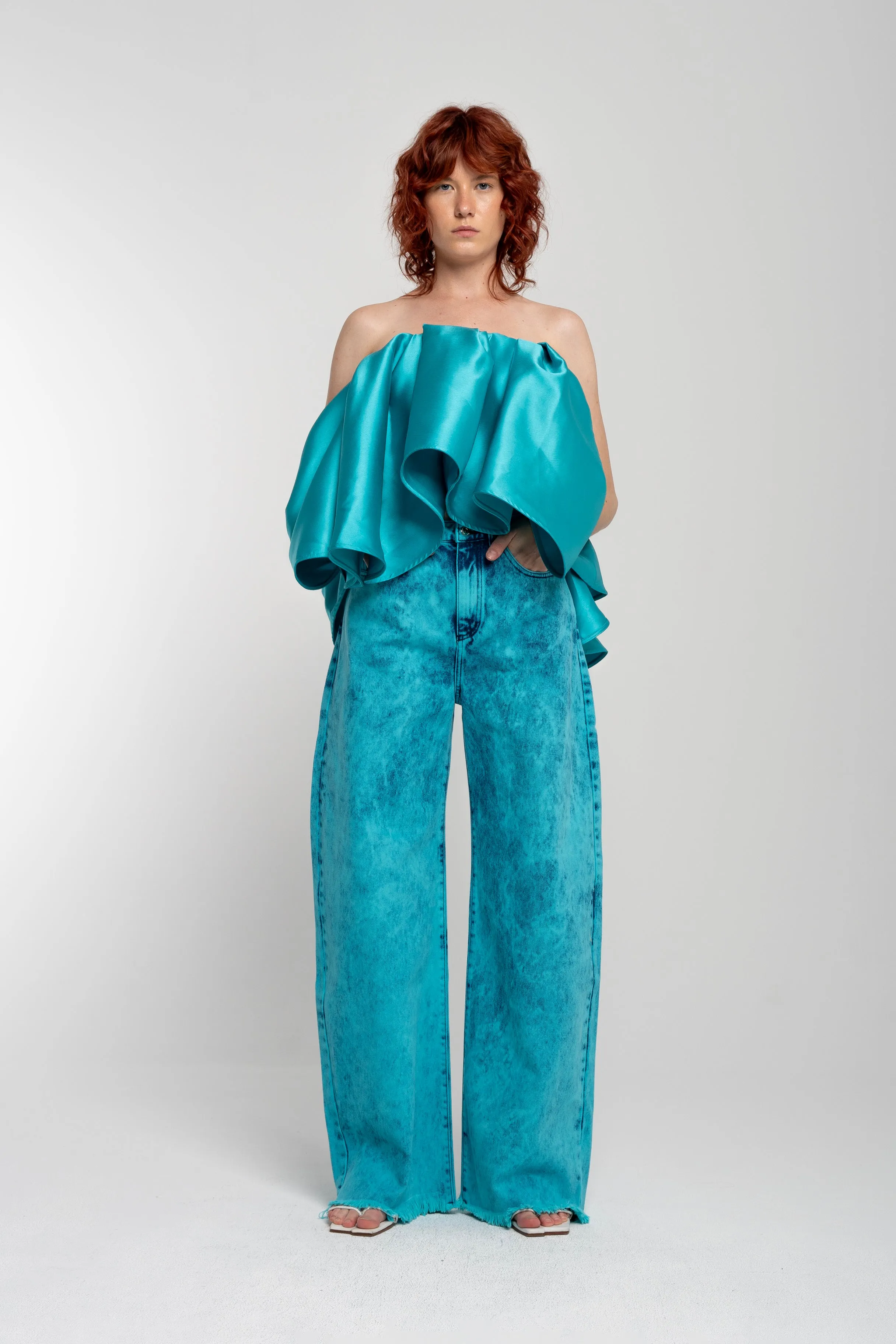 TURQUOISE PLEATED STRAPLESS TOP