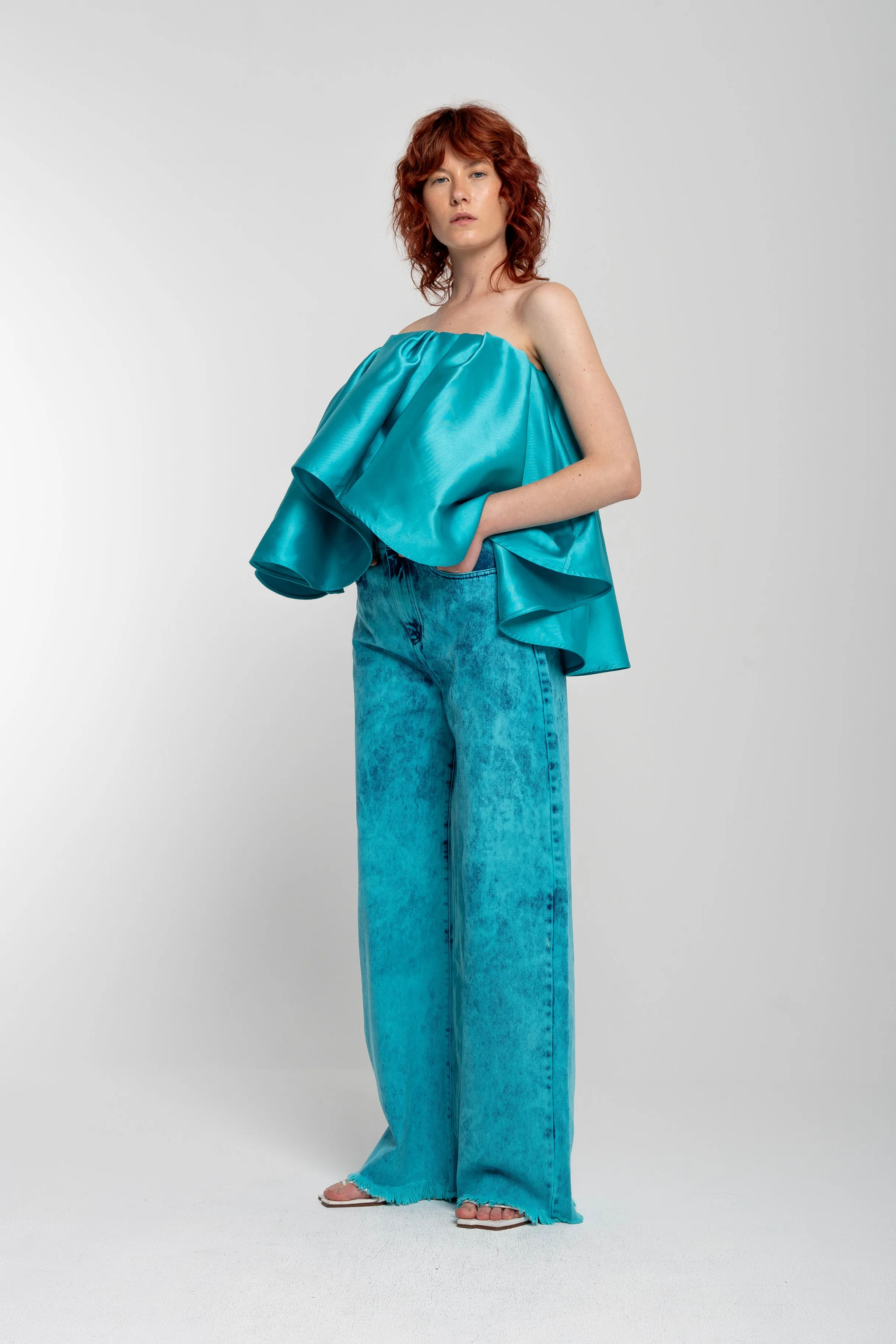 TURQUOISE PLEATED STRAPLESS TOP