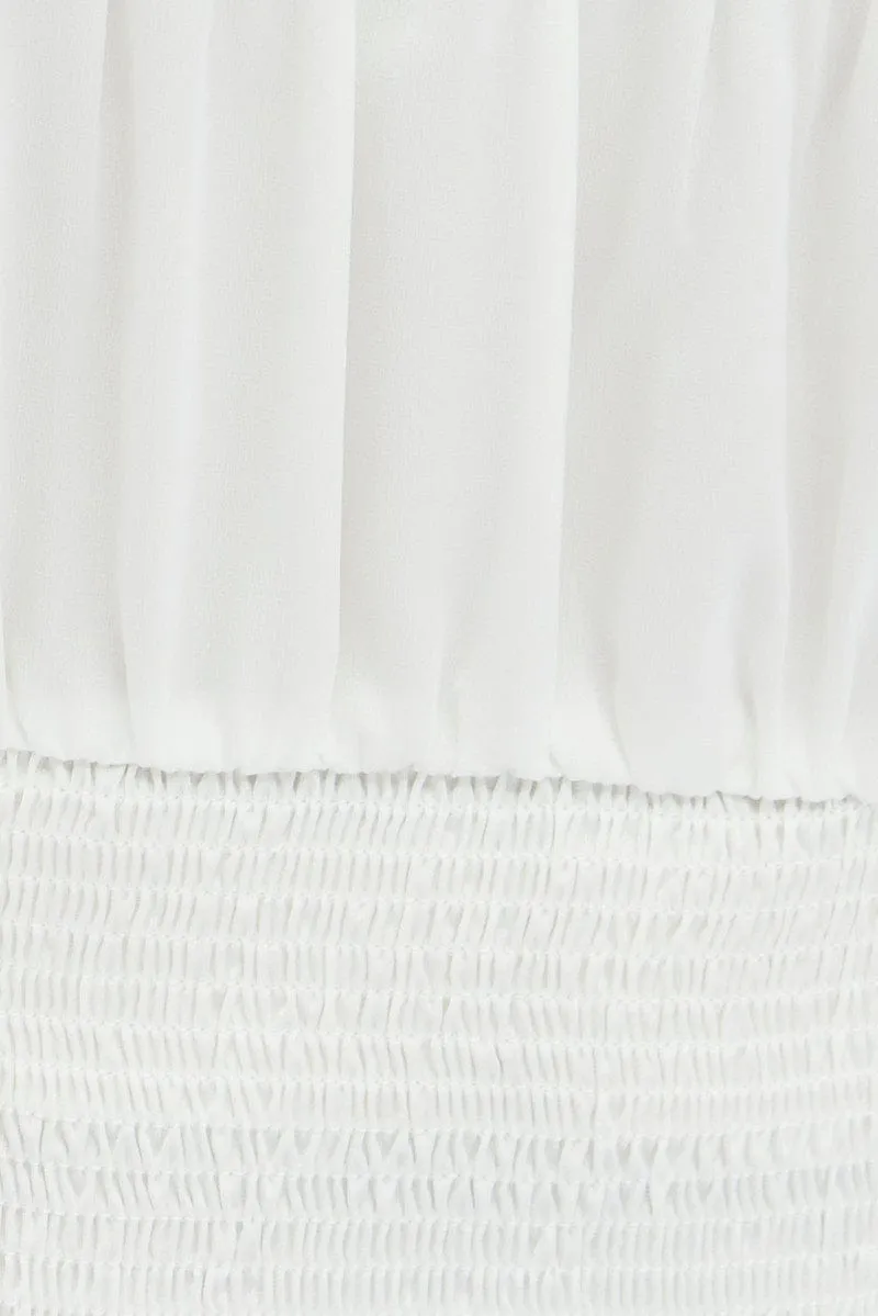 White Crop Top Long Sleeve Scoop Neck Shirred Satin