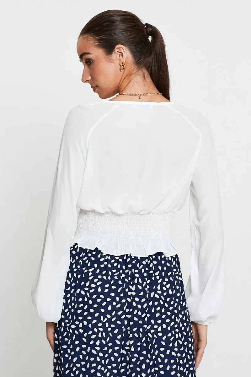 White Crop Top Long Sleeve V-Neck