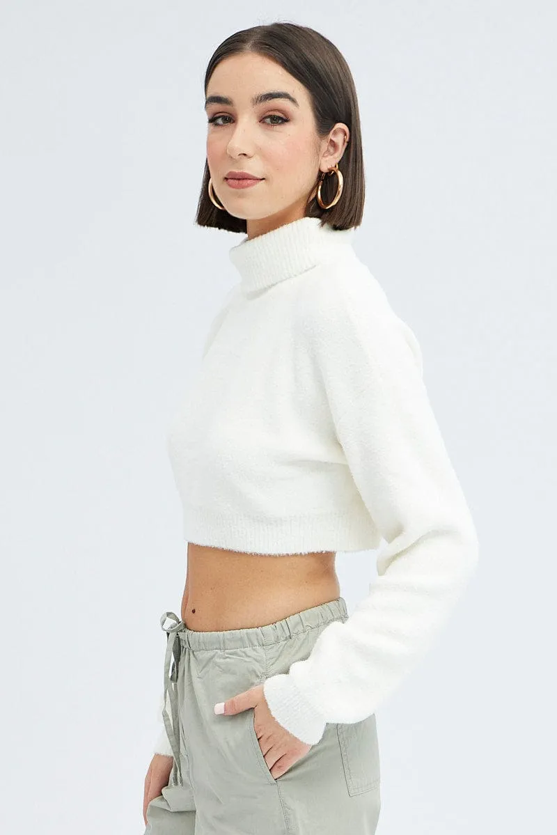 White Knit Jumper Turtle Neck Crop