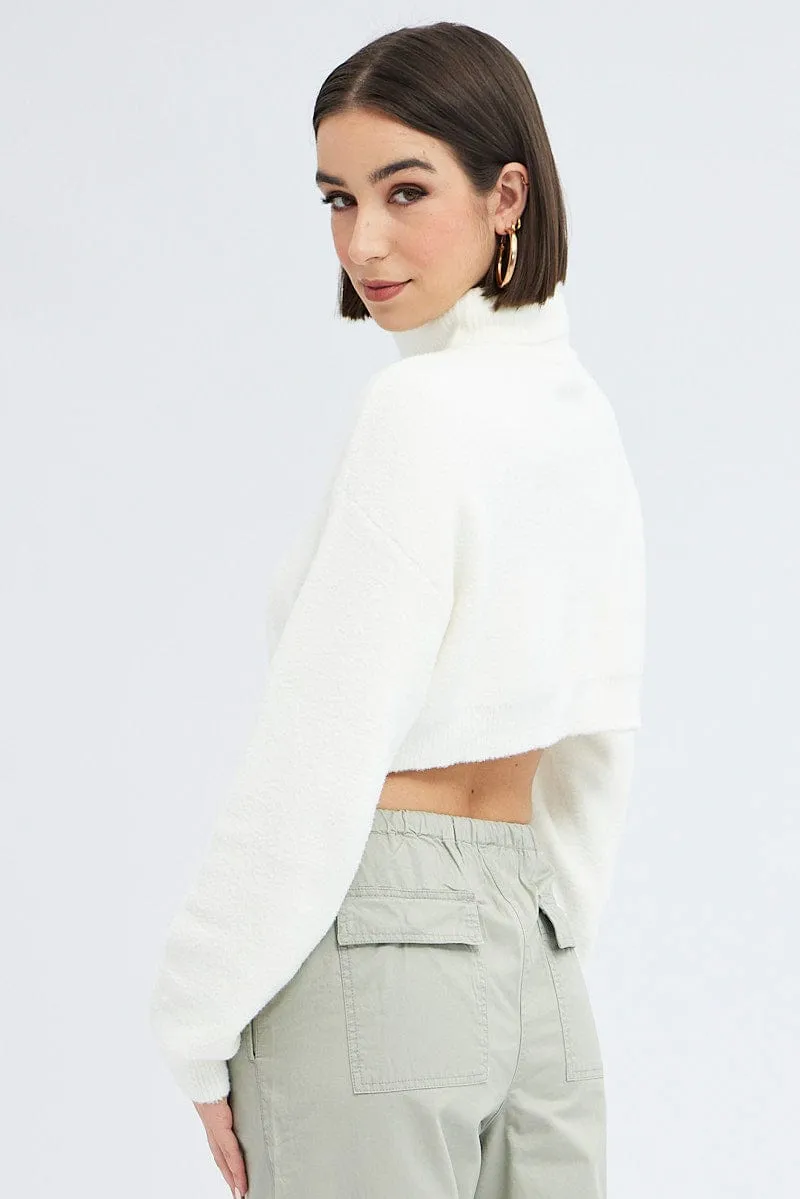 White Knit Jumper Turtle Neck Crop