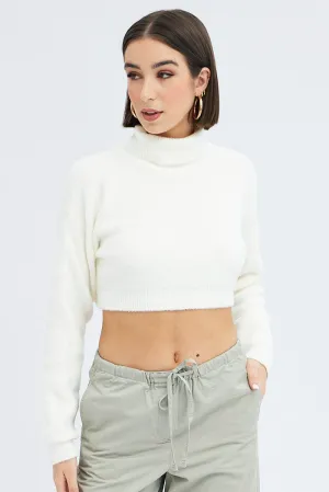 White Knit Jumper Turtle Neck Crop